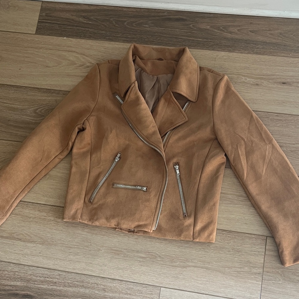 Tan Faux Suede Women's Jacket with Silver zippers - Medium